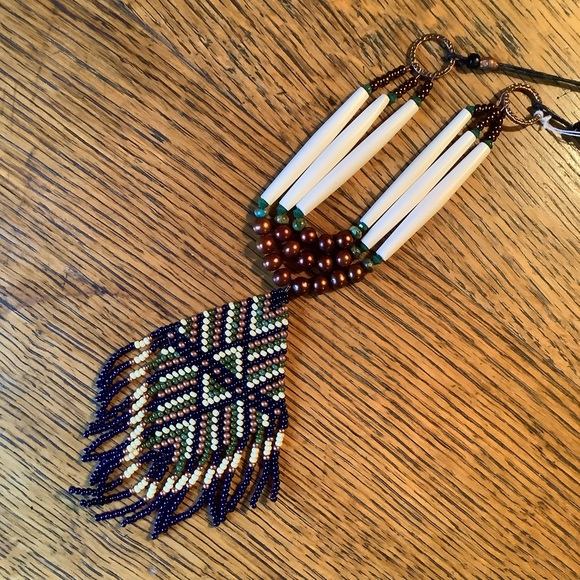 Turquoise Hair pipe Boho Pearl Festival Necklace with Fringed Beaded Pendant - Picture 1 of 3